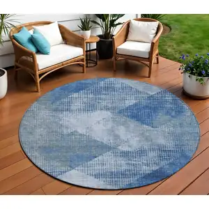 Photo of 8' Blue And Gray Round Geometric Washable Indoor Outdoor Area Rug