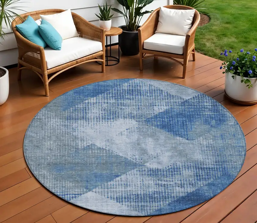 8' Blue And Gray Round Geometric Washable Indoor Outdoor Area Rug Photo 1