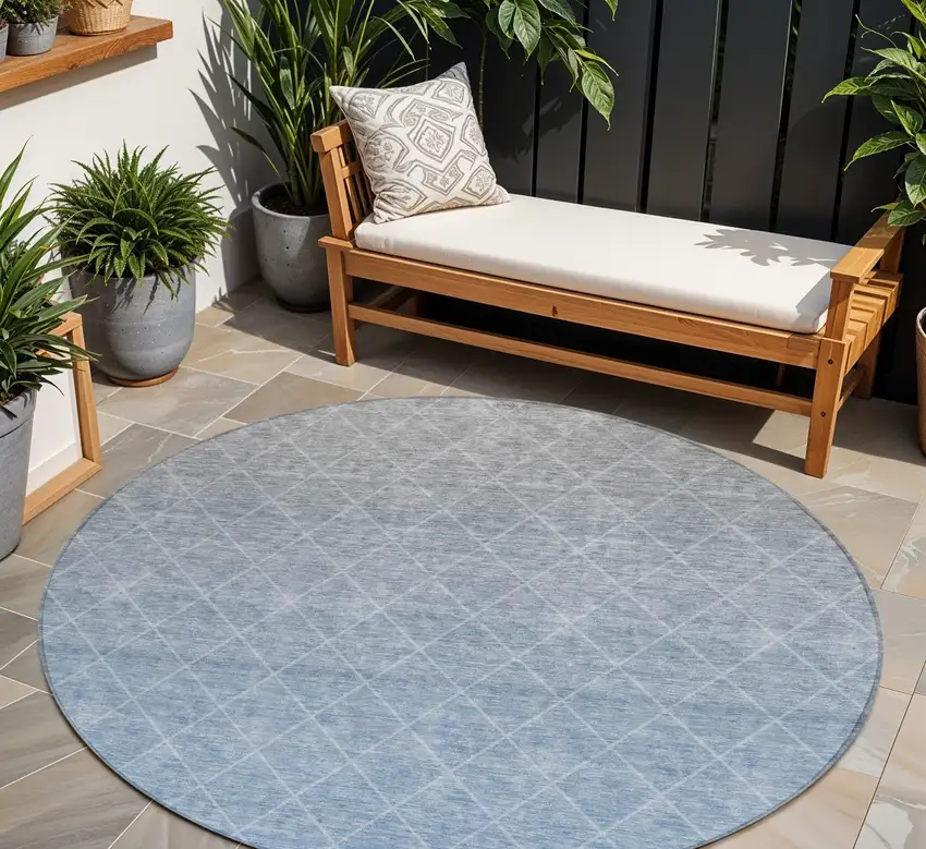 8' Blue And Gray Round Geometric Washable Indoor Outdoor Area Rug Photo 7