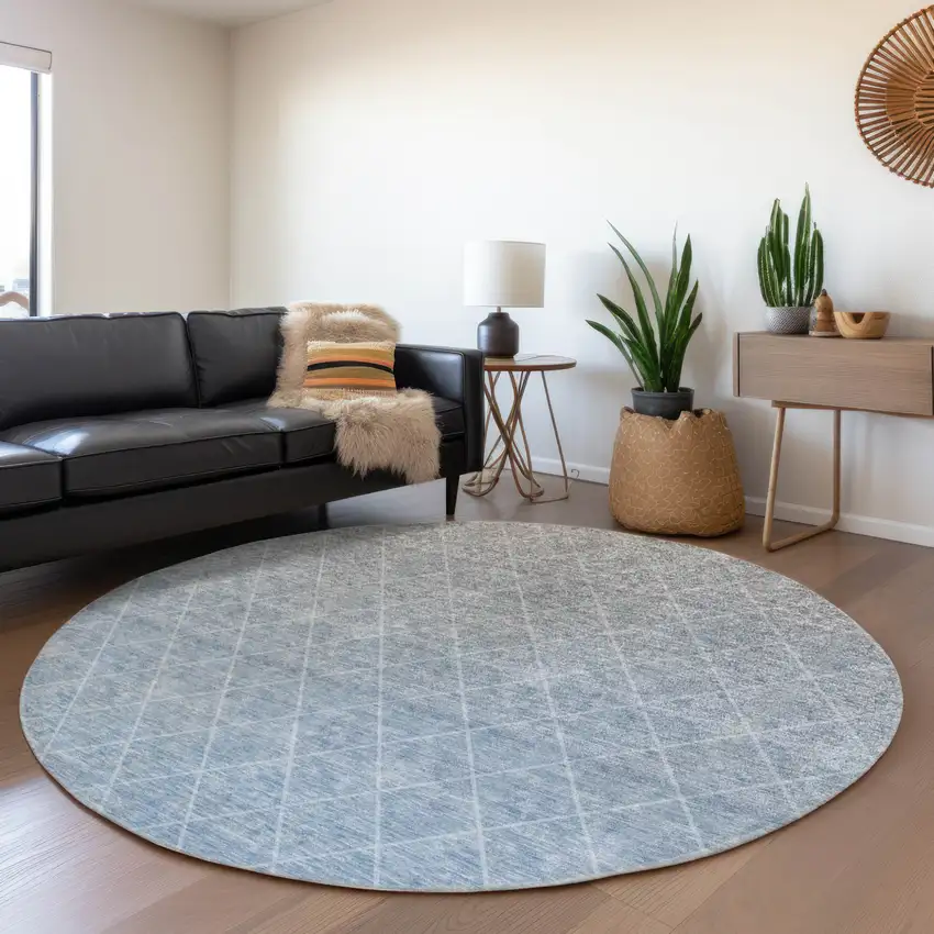 8' Blue And Gray Round Geometric Washable Indoor Outdoor Area Rug Photo 4