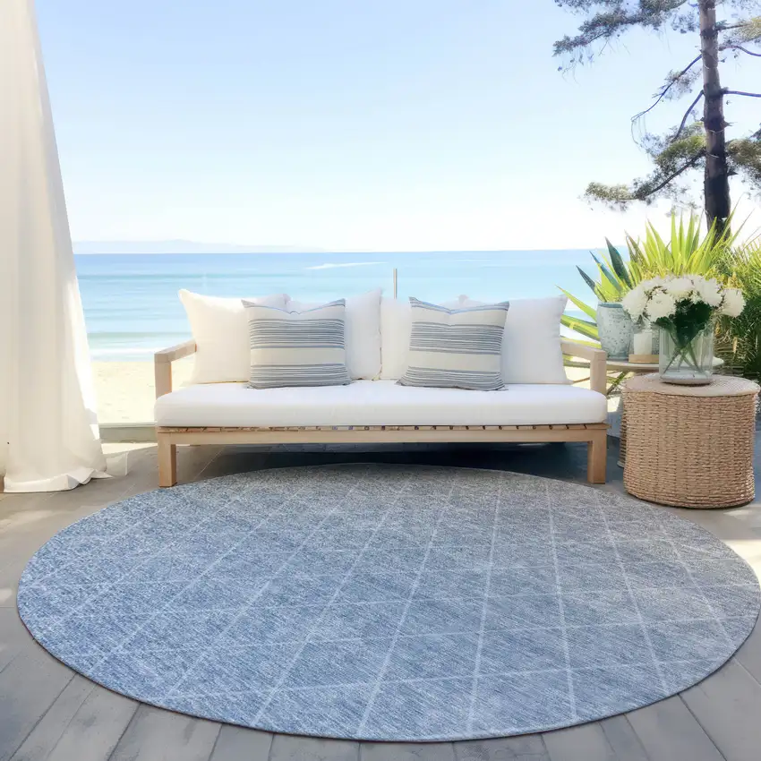 8' Blue And Gray Round Geometric Washable Indoor Outdoor Area Rug Photo 3