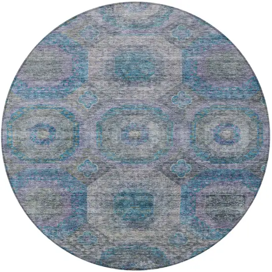 8' Blue And Gray Round Geometric Washable Indoor Outdoor Area Rug Photo 5