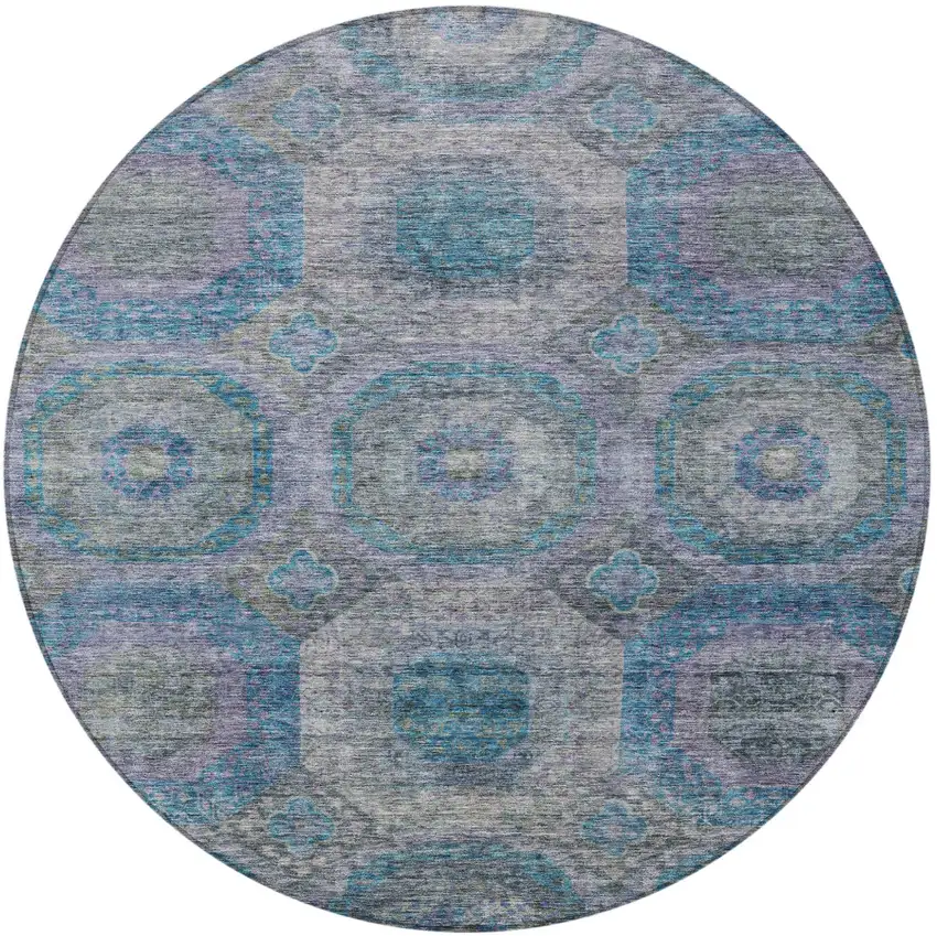 8' Blue And Gray Round Geometric Washable Indoor Outdoor Area Rug Photo 5