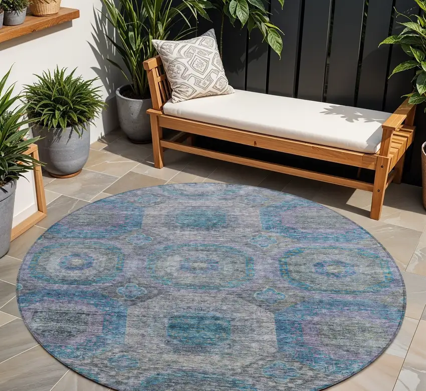 8' Blue And Gray Round Geometric Washable Indoor Outdoor Area Rug Photo 1