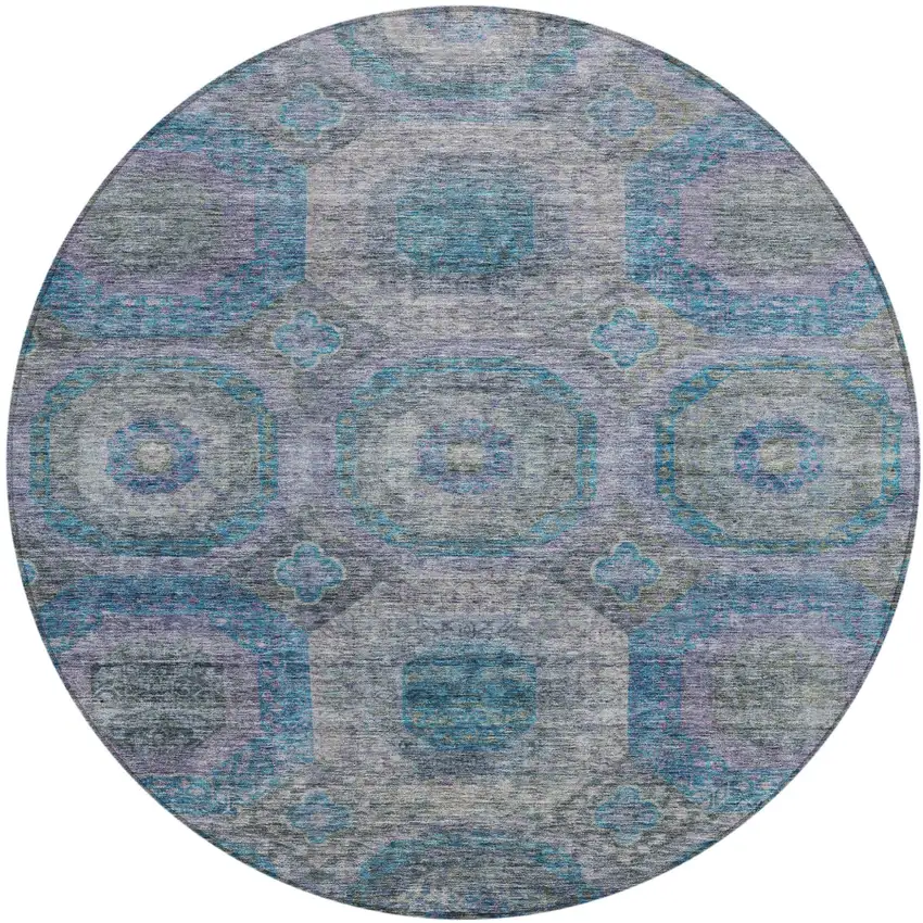 8' Blue And Gray Round Geometric Washable Indoor Outdoor Area Rug Photo 2