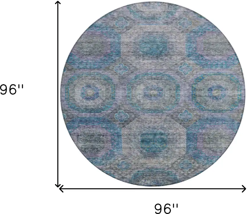 8' Blue And Gray Round Geometric Washable Indoor Outdoor Area Rug Photo 3
