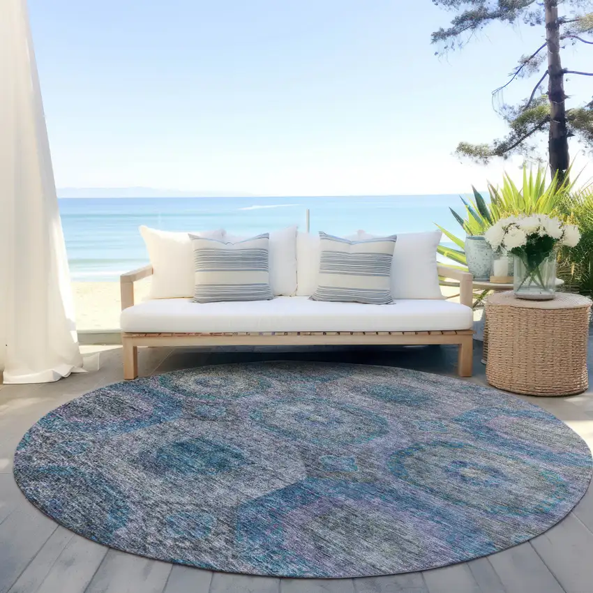 8' Blue And Gray Round Geometric Washable Indoor Outdoor Area Rug Photo 6