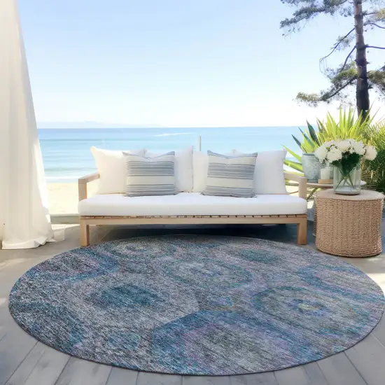 8' Blue And Gray Round Geometric Washable Indoor Outdoor Area Rug Photo 6