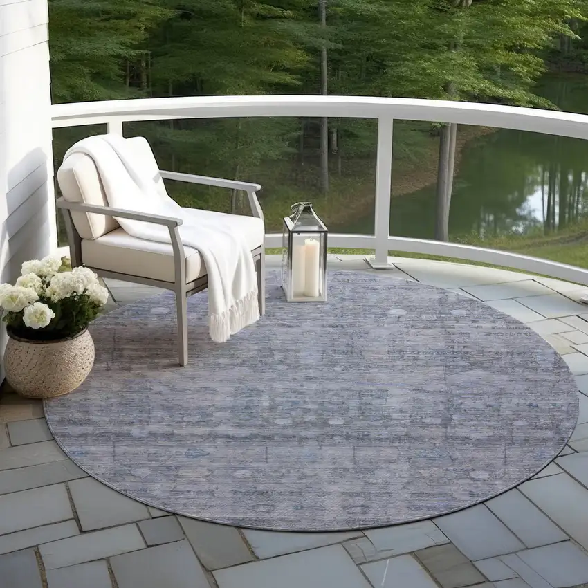 8' Blue And Gray Round Geometric Washable Indoor Outdoor Area Rug Photo 5