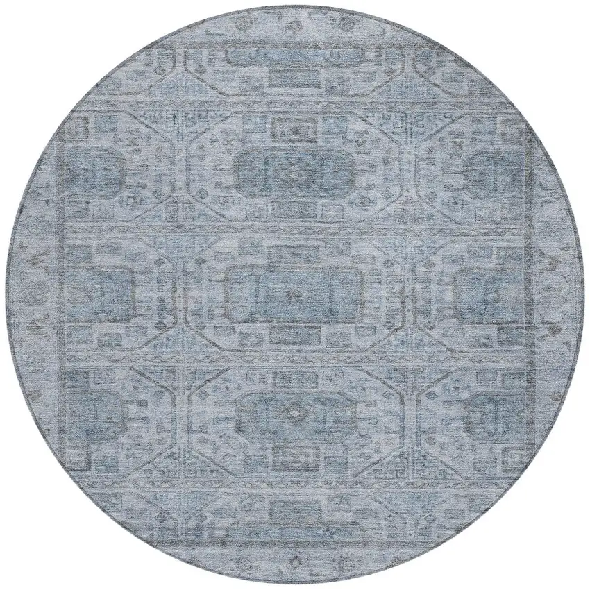 8' Blue And Gray Round Geometric Washable Indoor Outdoor Area Rug Photo 3