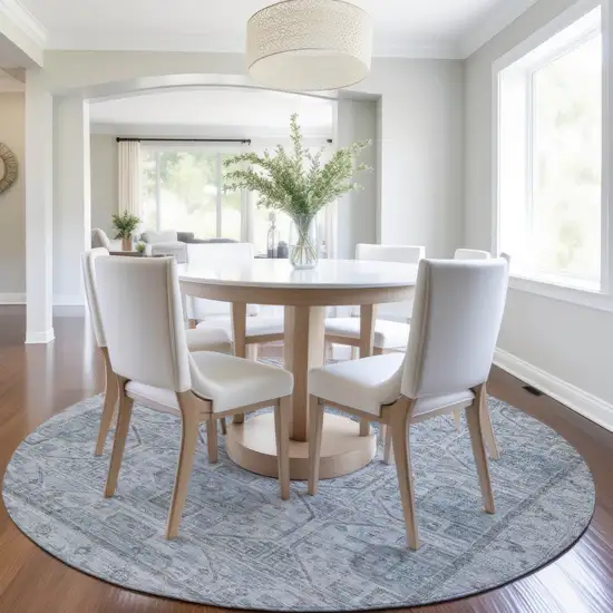 8' Blue And Gray Round Geometric Washable Indoor Outdoor Area Rug Photo 6