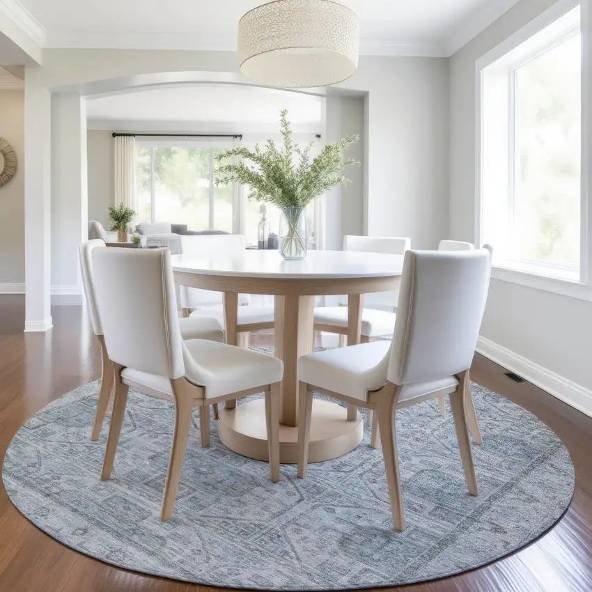 8' Blue And Gray Round Geometric Washable Indoor Outdoor Area Rug Photo 6