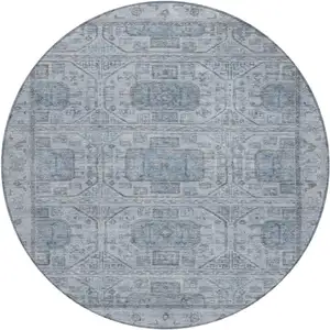 Photo of 8' Blue And Gray Round Geometric Washable Indoor Outdoor Area Rug