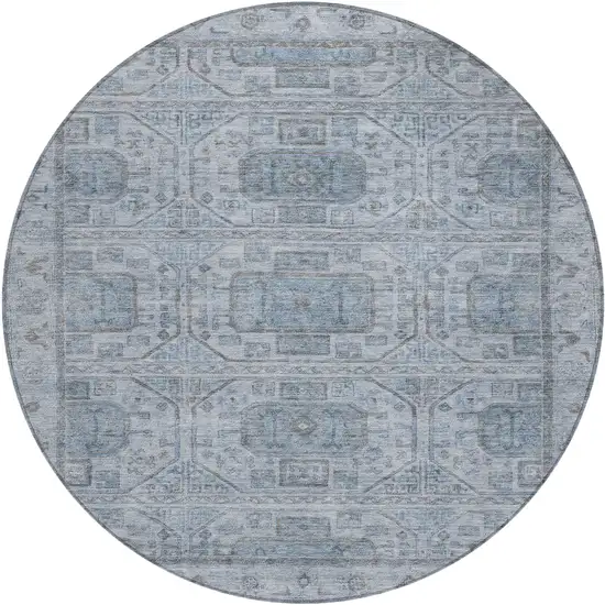8' Blue And Gray Round Geometric Washable Indoor Outdoor Area Rug Photo 1