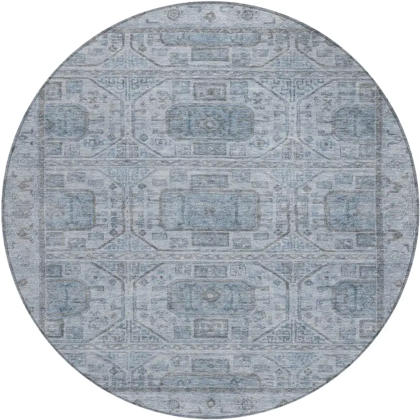 8' Blue And Gray Round Geometric Washable Indoor Outdoor Area Rug Photo 1