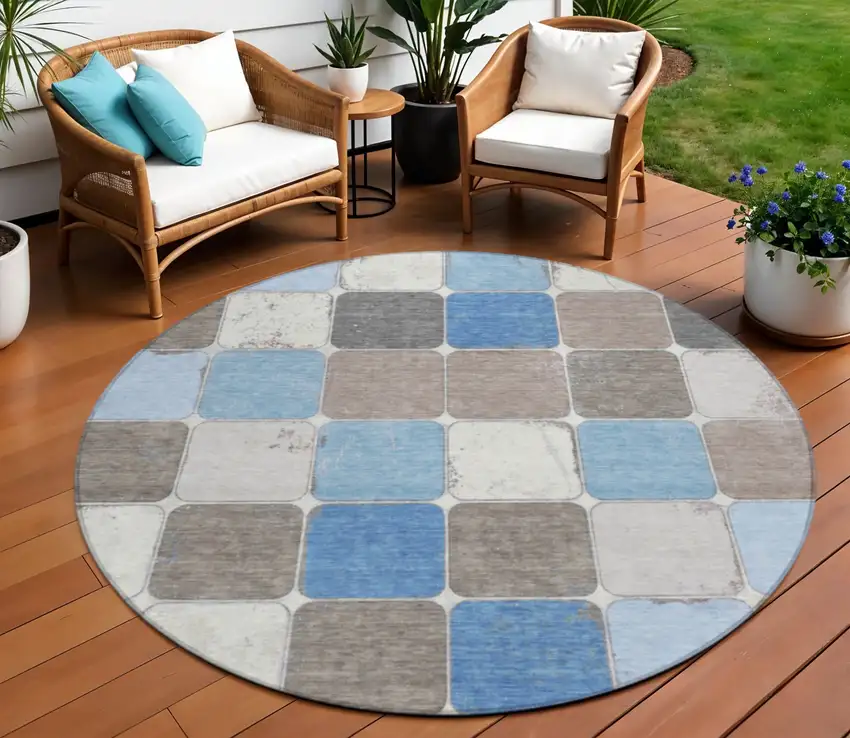 8' Blue And Gray Round Geometric Washable Indoor Outdoor Area Rug Photo 2