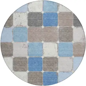 Photo of 8' Blue And Gray Round Geometric Washable Indoor Outdoor Area Rug