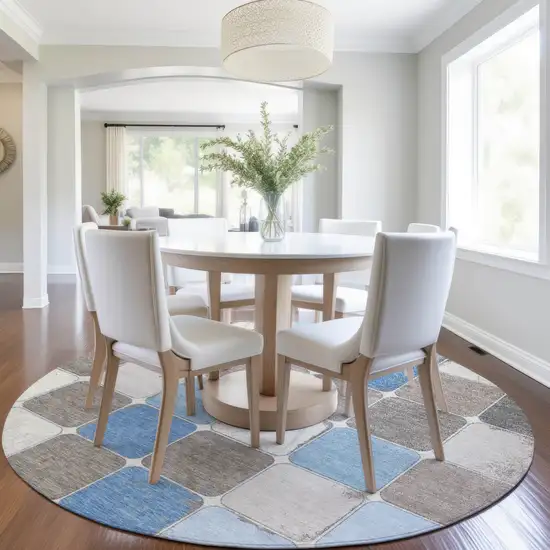 8' Blue And Gray Round Geometric Washable Indoor Outdoor Area Rug Photo 7