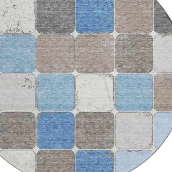 8' Blue And Gray Round Geometric Washable Indoor Outdoor Area Rug Photo 9