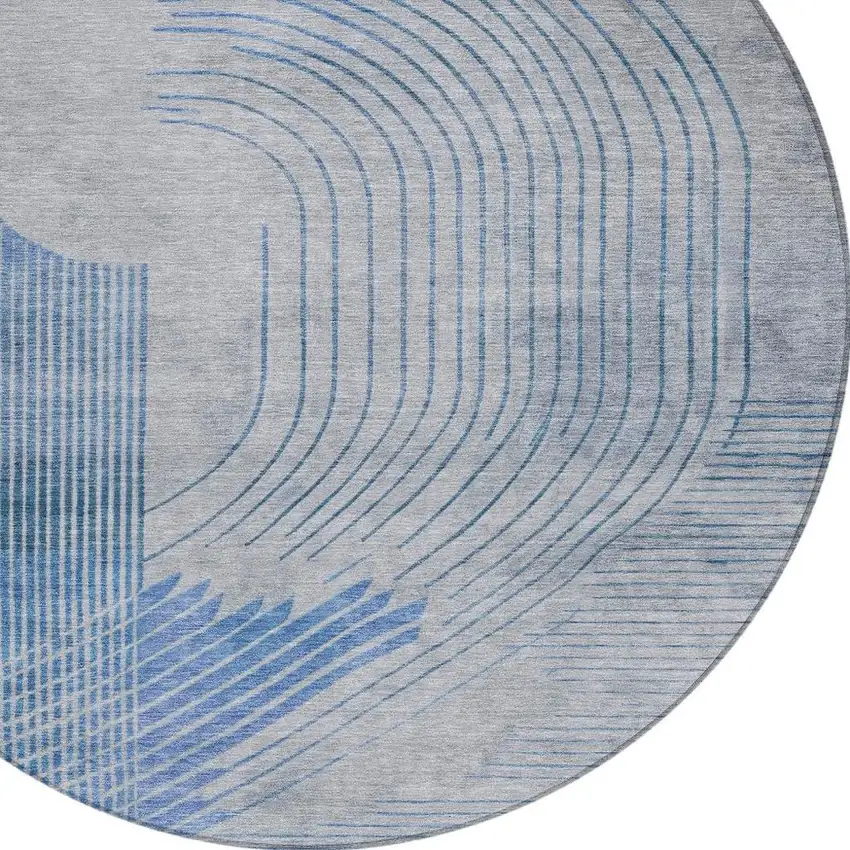 8' Blue And Gray Round Geometric Washable Indoor Outdoor Area Rug Photo 8
