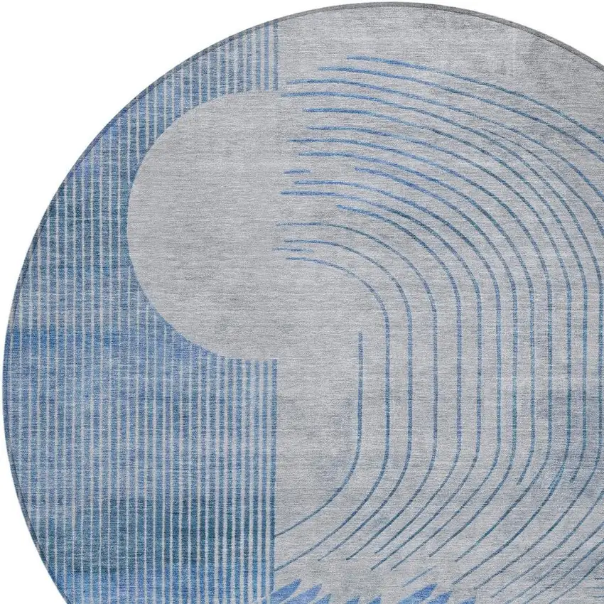 8' Blue And Gray Round Geometric Washable Indoor Outdoor Area Rug Photo 4