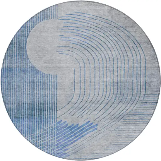 8' Blue And Gray Round Geometric Washable Indoor Outdoor Area Rug Photo 1