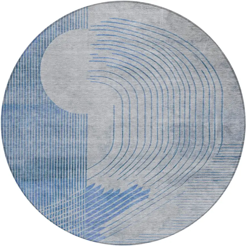 8' Blue And Gray Round Geometric Washable Indoor Outdoor Area Rug Photo 1