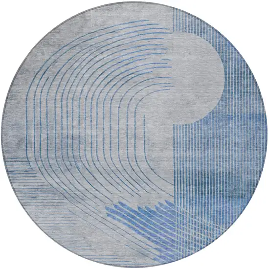 8' Blue And Gray Round Geometric Washable Indoor Outdoor Area Rug Photo 3
