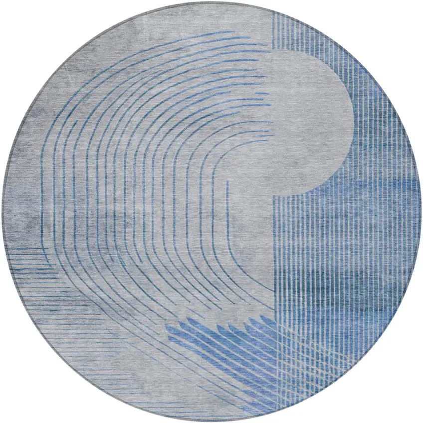 8' Blue And Gray Round Geometric Washable Indoor Outdoor Area Rug Photo 3