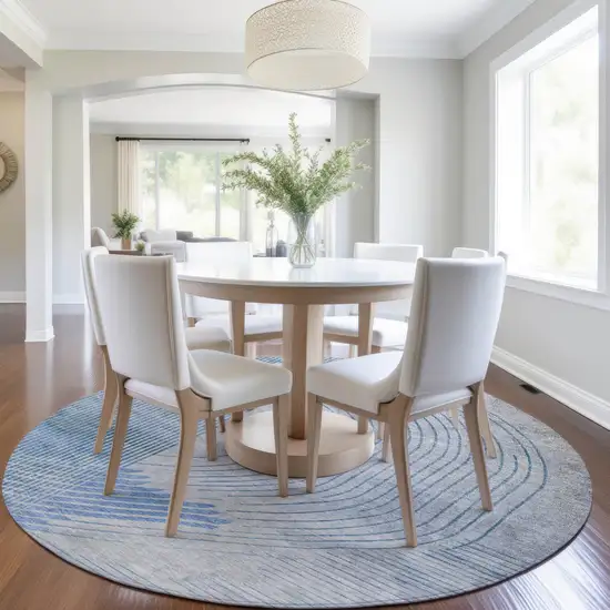 8' Blue And Gray Round Geometric Washable Indoor Outdoor Area Rug Photo 6