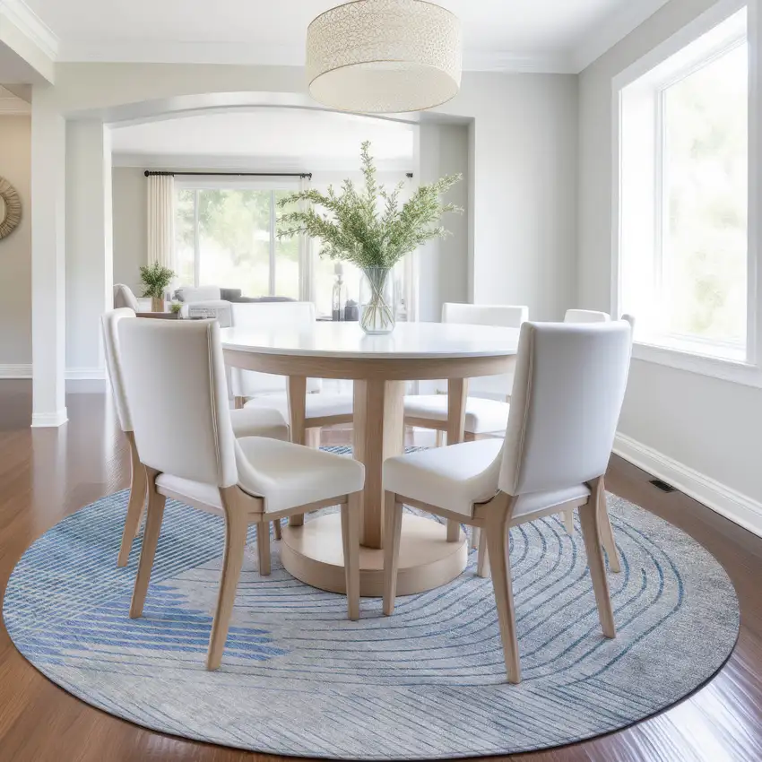 8' Blue And Gray Round Geometric Washable Indoor Outdoor Area Rug Photo 6