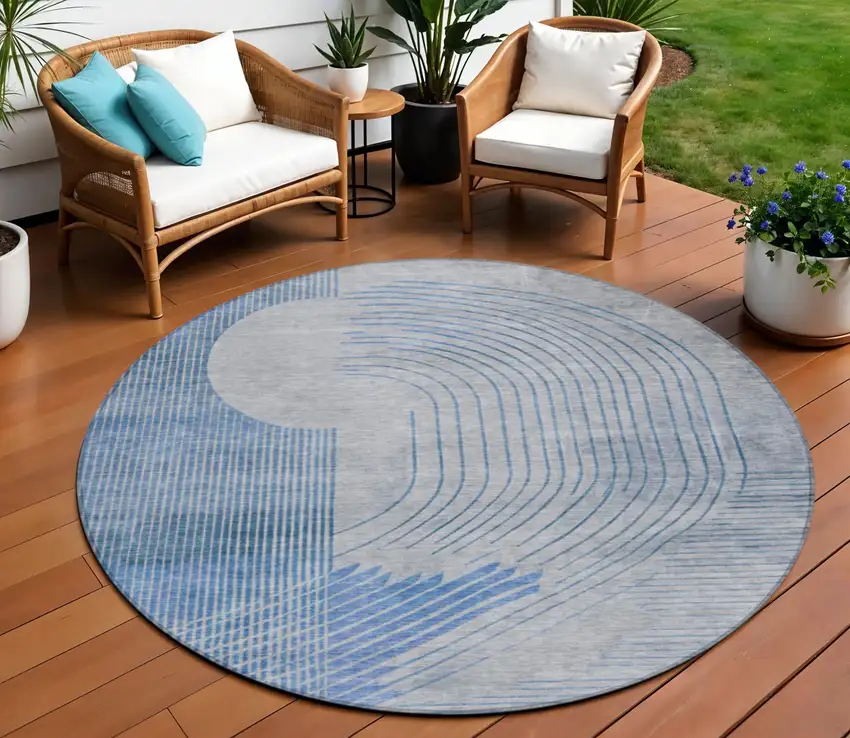 8' Blue And Gray Round Geometric Washable Indoor Outdoor Area Rug Photo 2