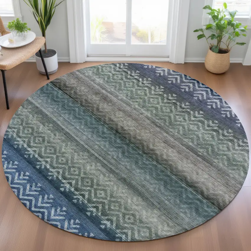 8' Blue And Gray Round Geometric Washable Indoor Outdoor Area Rug Photo 6