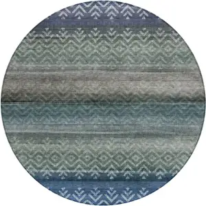 Photo of 8' Blue And Gray Round Geometric Washable Indoor Outdoor Area Rug