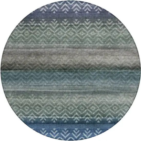 8' Blue And Gray Round Geometric Washable Indoor Outdoor Area Rug Photo 1