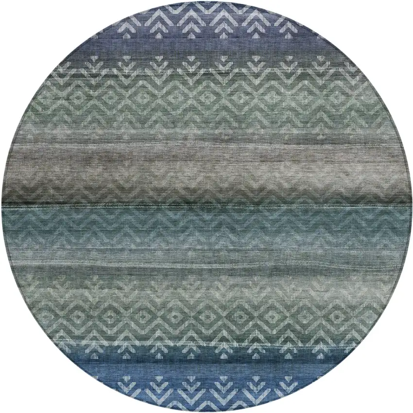 8' Blue And Gray Round Geometric Washable Indoor Outdoor Area Rug Photo 1