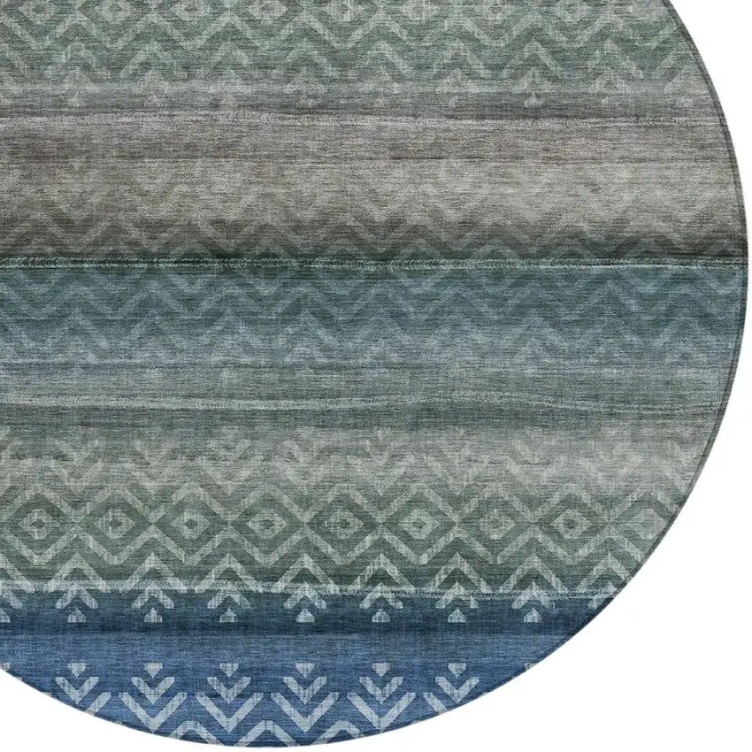 8' Blue And Gray Round Geometric Washable Indoor Outdoor Area Rug Photo 8