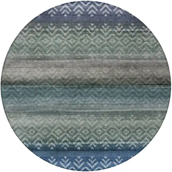 8' Blue And Gray Round Geometric Washable Indoor Outdoor Area Rug Photo 3
