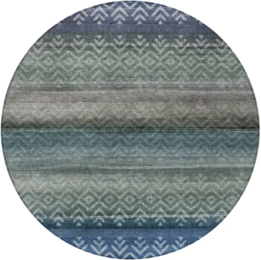 8' Blue And Gray Round Geometric Washable Indoor Outdoor Area Rug Photo 3