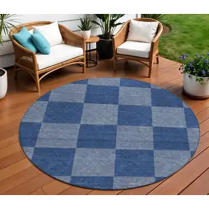 Photo of 8' Blue And Gray Round Geometric Washable Indoor Outdoor Area Rug