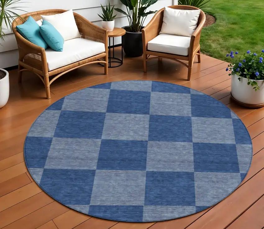8' Blue And Gray Round Geometric Washable Indoor Outdoor Area Rug Photo 1