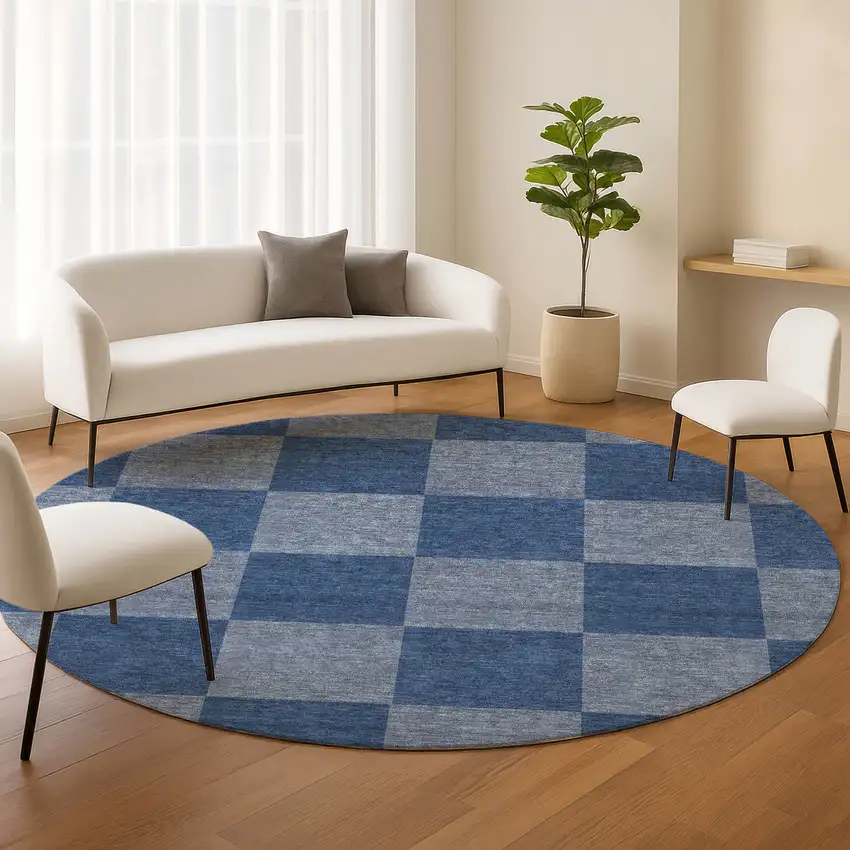 8' Blue And Gray Round Geometric Washable Indoor Outdoor Area Rug Photo 9