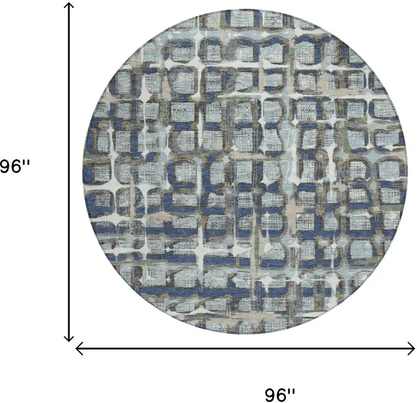 8' Blue And Gray Round Geometric Washable Indoor Outdoor Area Rug Photo 5
