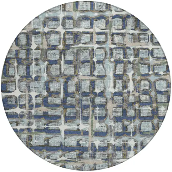 8' Blue And Gray Round Geometric Washable Indoor Outdoor Area Rug Photo 2