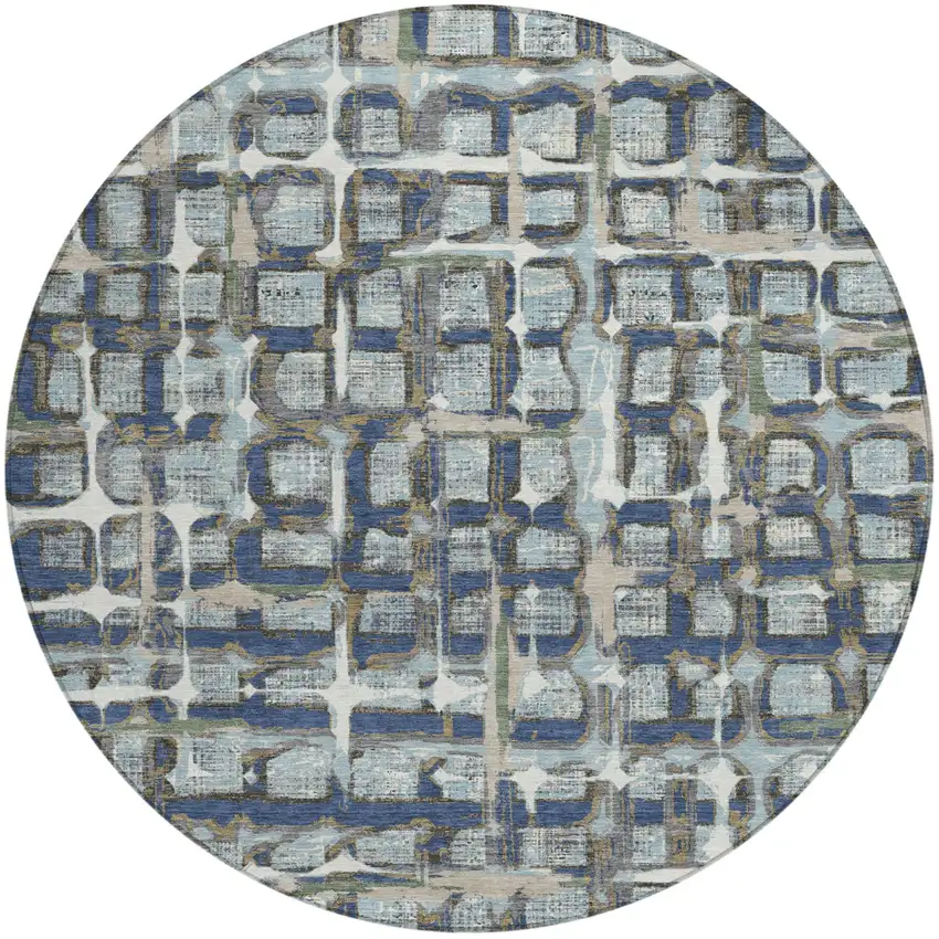 8' Blue And Gray Round Geometric Washable Indoor Outdoor Area Rug Photo 2