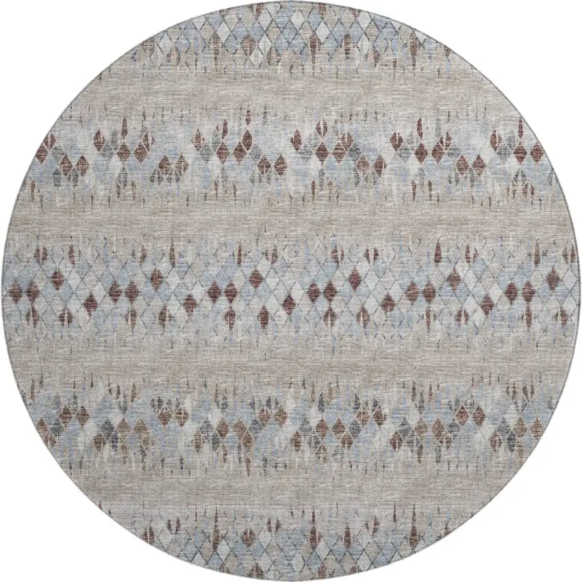8' Blue And Gray Round Ikat Washable Indoor Outdoor Area Rug Photo 2