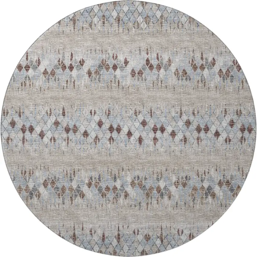 8' Blue And Gray Round Ikat Washable Indoor Outdoor Area Rug Photo 4