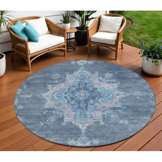 8' Blue And Gray Round Medallion Washable Indoor Outdoor Area Rug Photo 1