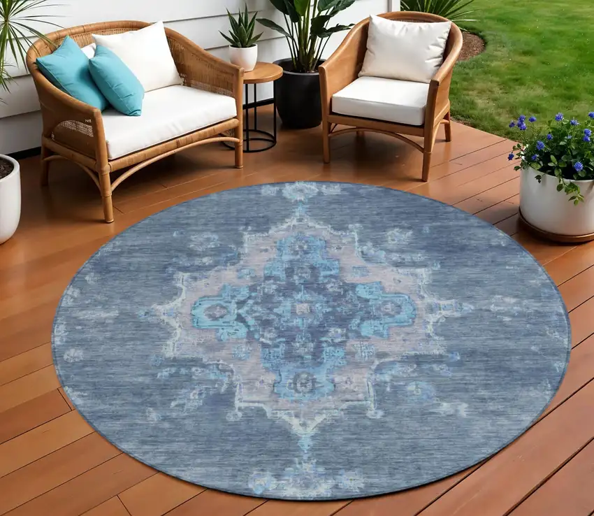 8' Blue And Gray Round Medallion Washable Indoor Outdoor Area Rug Photo 1