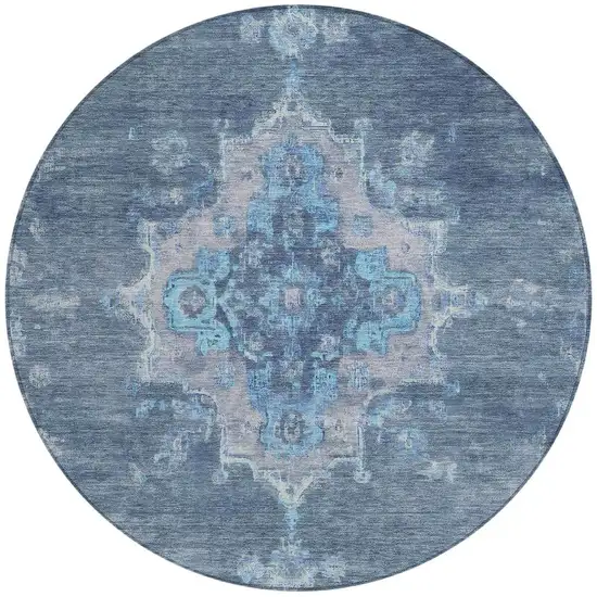 8' Blue And Gray Round Medallion Washable Indoor Outdoor Area Rug Photo 4
